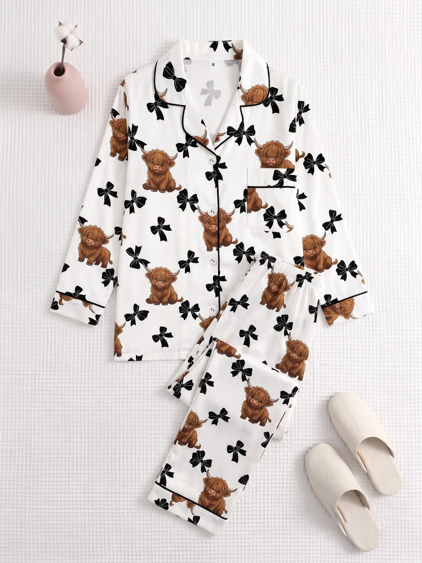 Women's Two-Piece Spring Fall Pajama Set, Long Sleeve Button Front Shirt and Pants, Casual Home Wear, Highland Cow Print