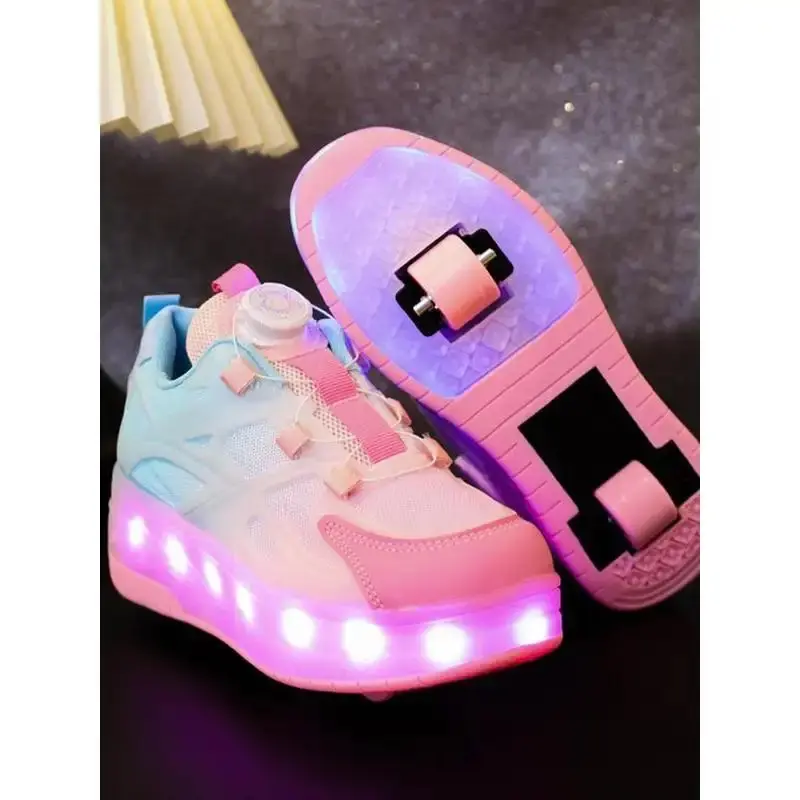Kids' USB-Rechargeable LED Luminous Pink Roller Skate Shoes, All-Seasons Casual Athletic Shoes for Girls, Daily Life & Travel Use