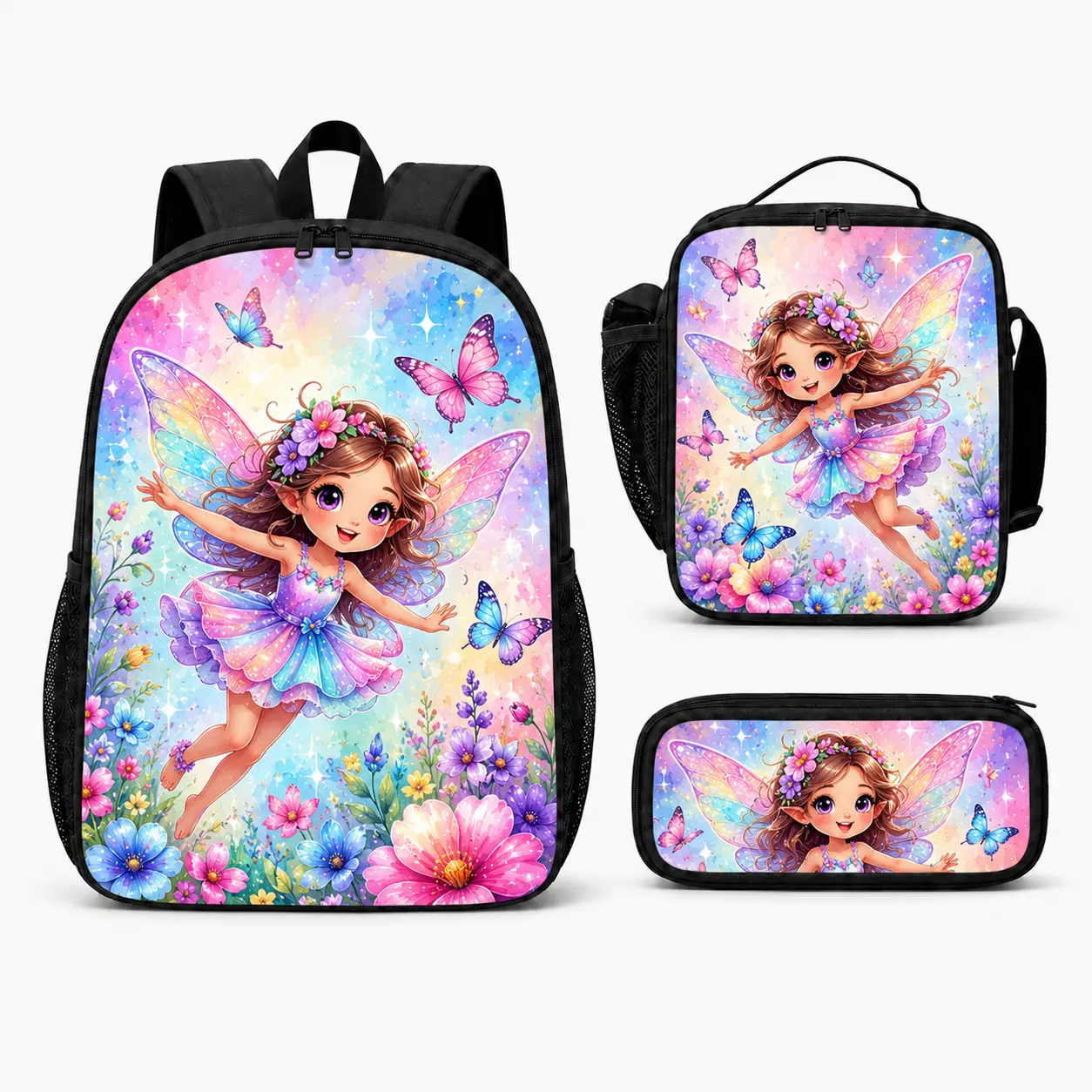 "Dreamy Fairy" 3-Piece Backpack Set for Girls: Features a high-capacity, dual-compartment backpack; an insulated lunch bag that can be carried by hand or worn over the shoulder; and a matching pencil case. Ideal for daily school use.