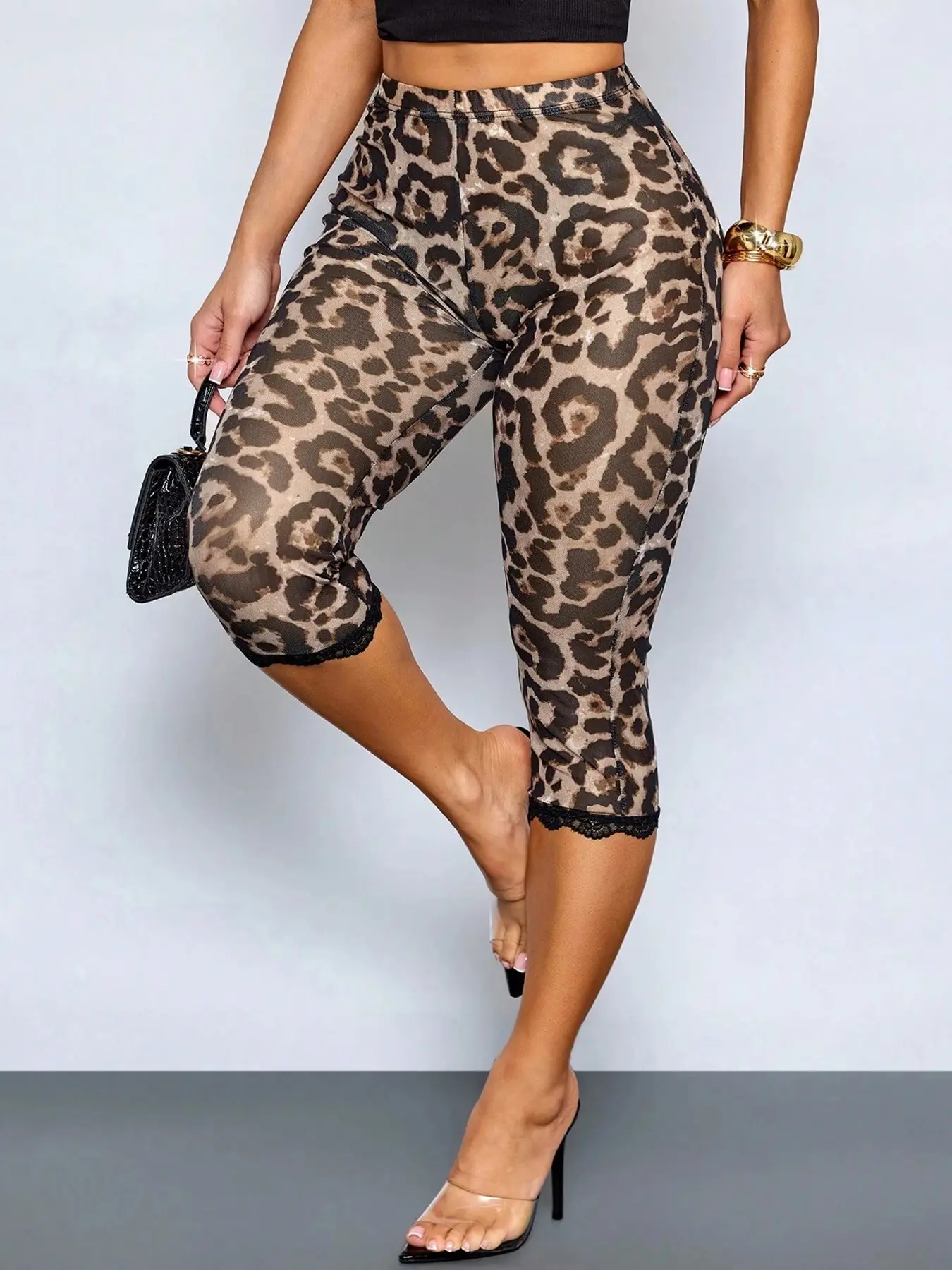 Women's Fashion Leopard Print Fitted Capri Pants, Lace Trim, Y2K Retro Chic, Perfect for Trendy Lovers, All Seasons Casual Wear, Casual Fitted Bottoms