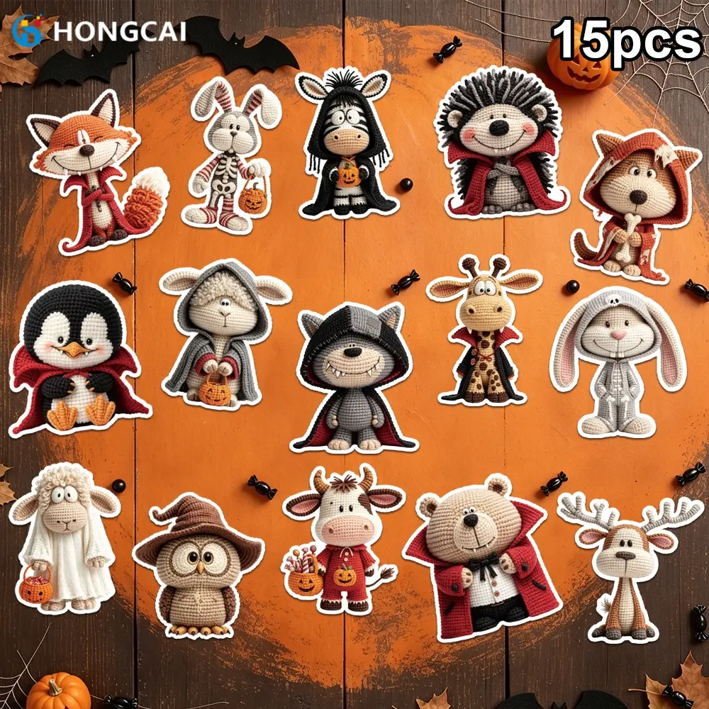 3D UV heat transfer stickers, 15-piece Halloween crochet animal stickers, penguin owl, deer cat, fox, rabbit, hedgehog, pumpkin, ghost, bat, spider web, DIY ironing decals, clothing, bags, hats, shoes, fabrics, textiles, hand-sewn decorations