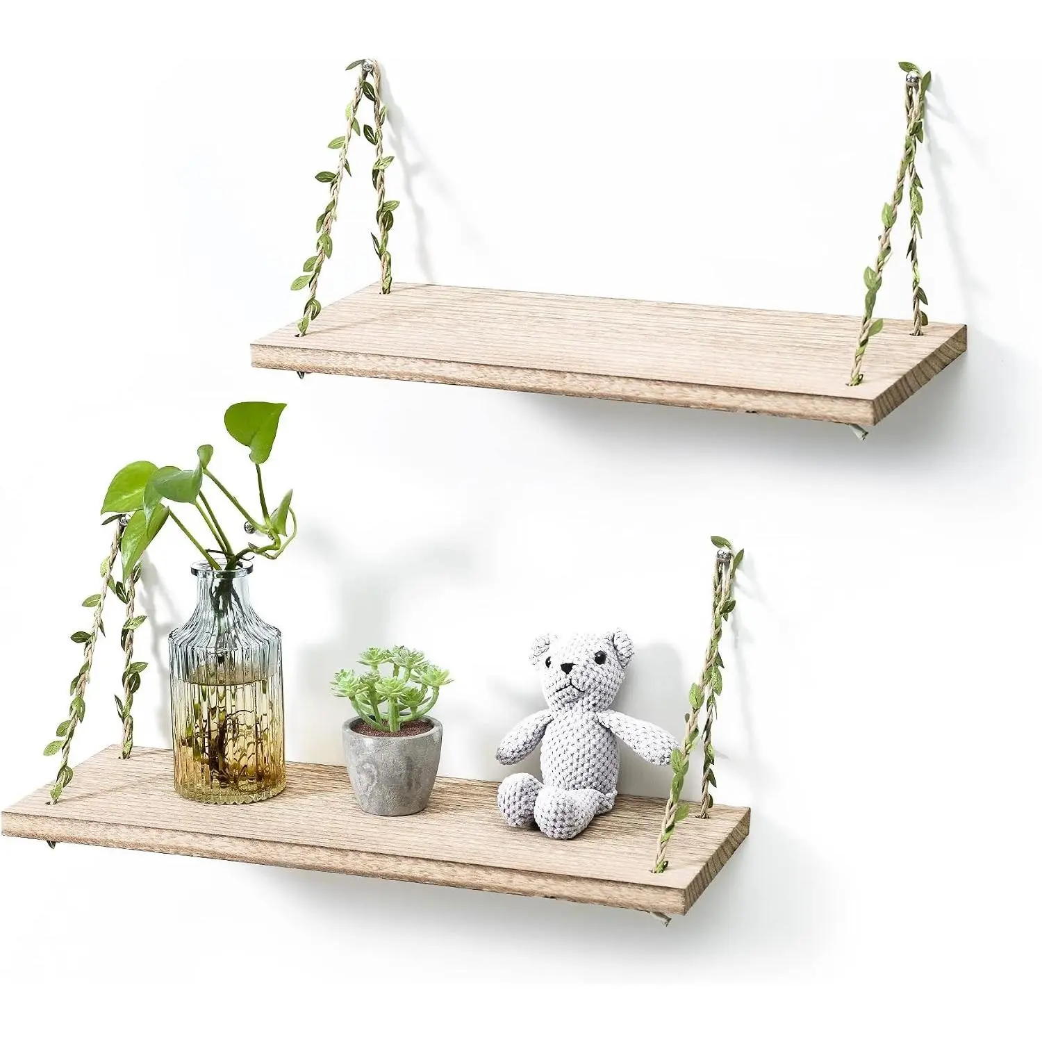 Leaf Rope Hanging Floating Shelves, Wall Swing Storage Shelf for Home Decor.17, 2-Pack (Light Color)