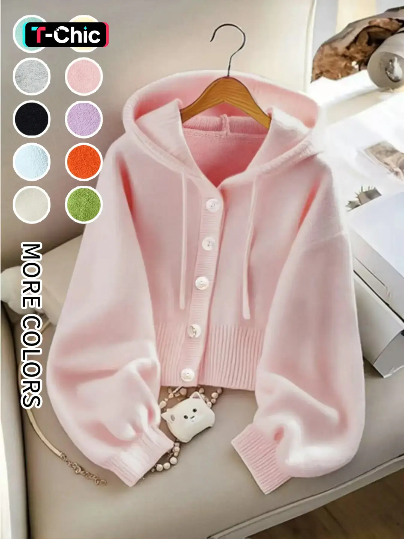 Women's Solid Button Front Hooded Cardigan, Casual Long Sleeve Knitwear for Fall & Winter, Women's Knit Clothing for Daily Wear, Knitted Top, Tops, Womenswear, Knitting, Lady