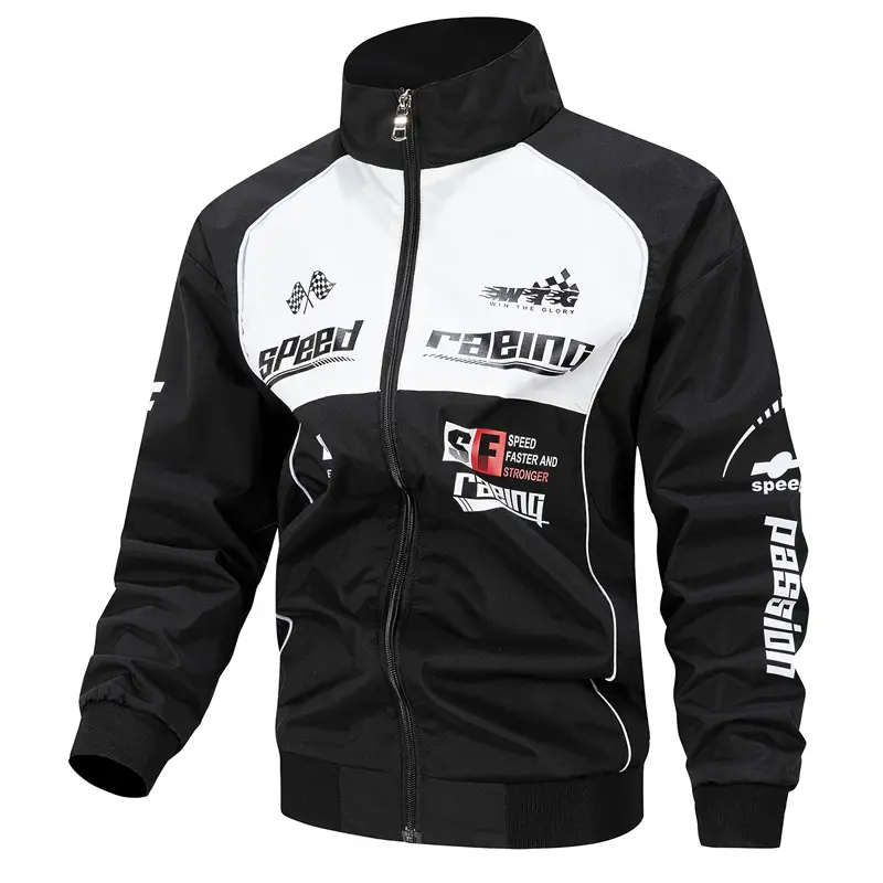 Men's Full-Zip Long Sleeve Stylish Moto Track Jacket - Stand Collar, Color Block Splicing, Racing Graphic Print, Checkered Flag Letter Design, Ribbed Cuffs, Printed Piping, Relaxed Fit, Windbreaker for Fall/Spring, Mens Coats Streetwear Outerwear casual,,