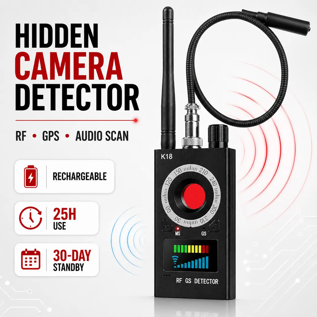 Multi-Function Hidden Camera & RF Signal Detector with GPS Tracker Locator and Listening Device Scanner, Rechargeable Privacy Sweeper with Up to 25-Hour Use and 30-Day Standby for Hotels, Travel, Offices, Vehicles and Everyday Security Checks
