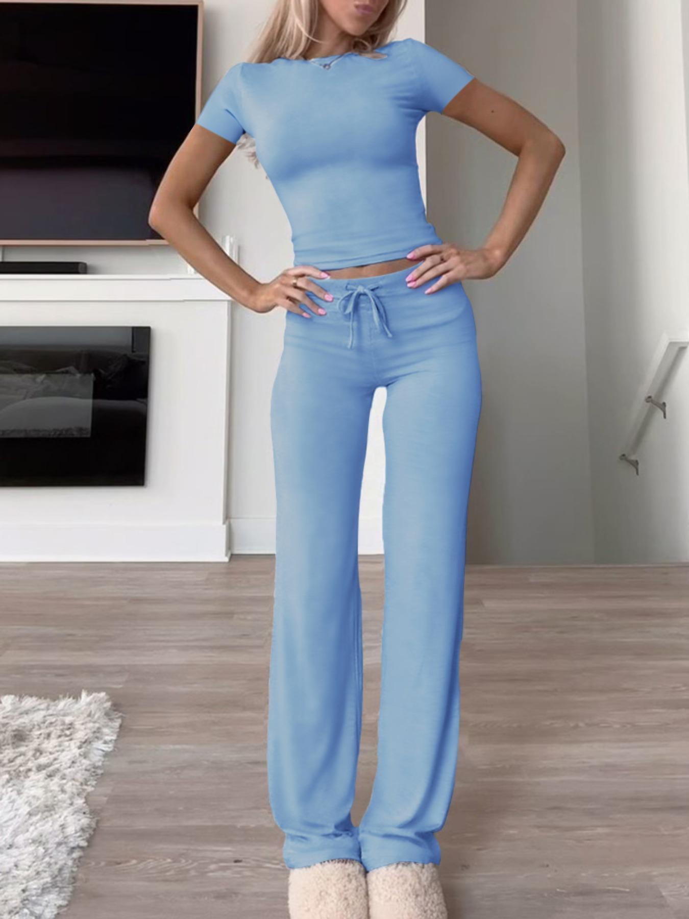 Women's Solid Short Sleeve Two-piece Set, Casual Round Neck Crop Tee & Drawstring High Waist Trousers for Daily Wear, Ladies Summer Clothes