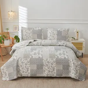 Grey White Floral  Quilt Full/ Size Lightweight Patchwork Bedspread Soft Breathable Check Quilts Gingham Bedding Checker  Coverlet Bed Cover Set Geometric  Decor
