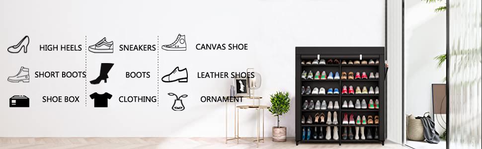 7-Tier Shoe Rack Storage Organizer 42 Pairs Portable Double Row with Dustproof Cover Non-Woven Shoe Storage Cabinet Metal Garage