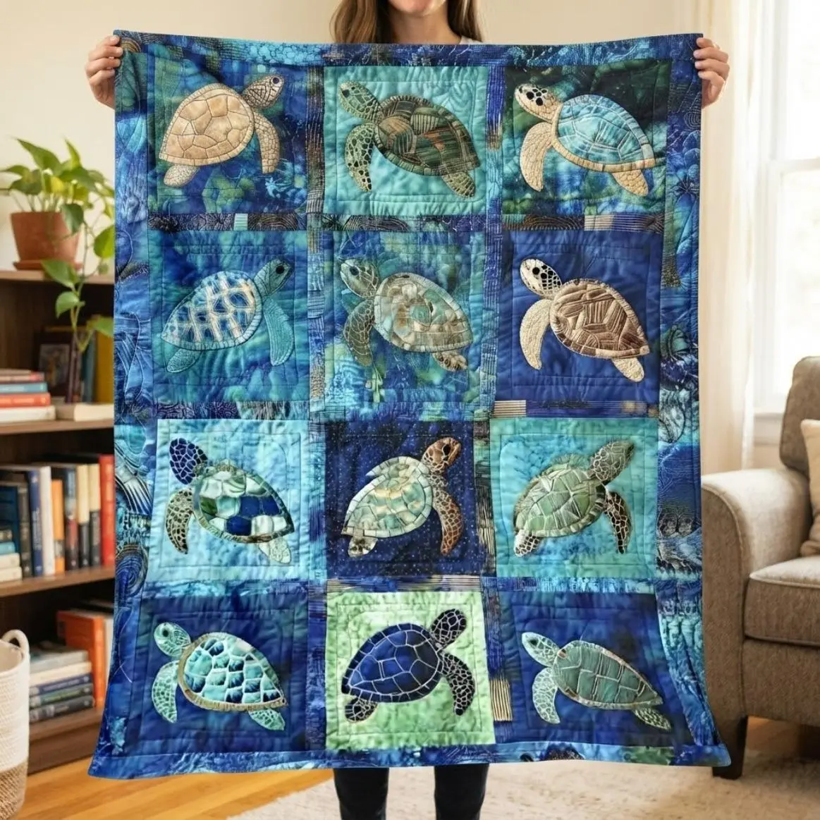 Sea Turtle Quilt Flannel Blanket For Adults And Kids, Ocean Mosaic Patchwork Throw Blanket With Soft Cozy Warm Cover Design, Lightweight Fleece Bedding Blanket For Couch Sofa Bed Coastal Home Decor Summer AC Nap Gift For Beach Lovers