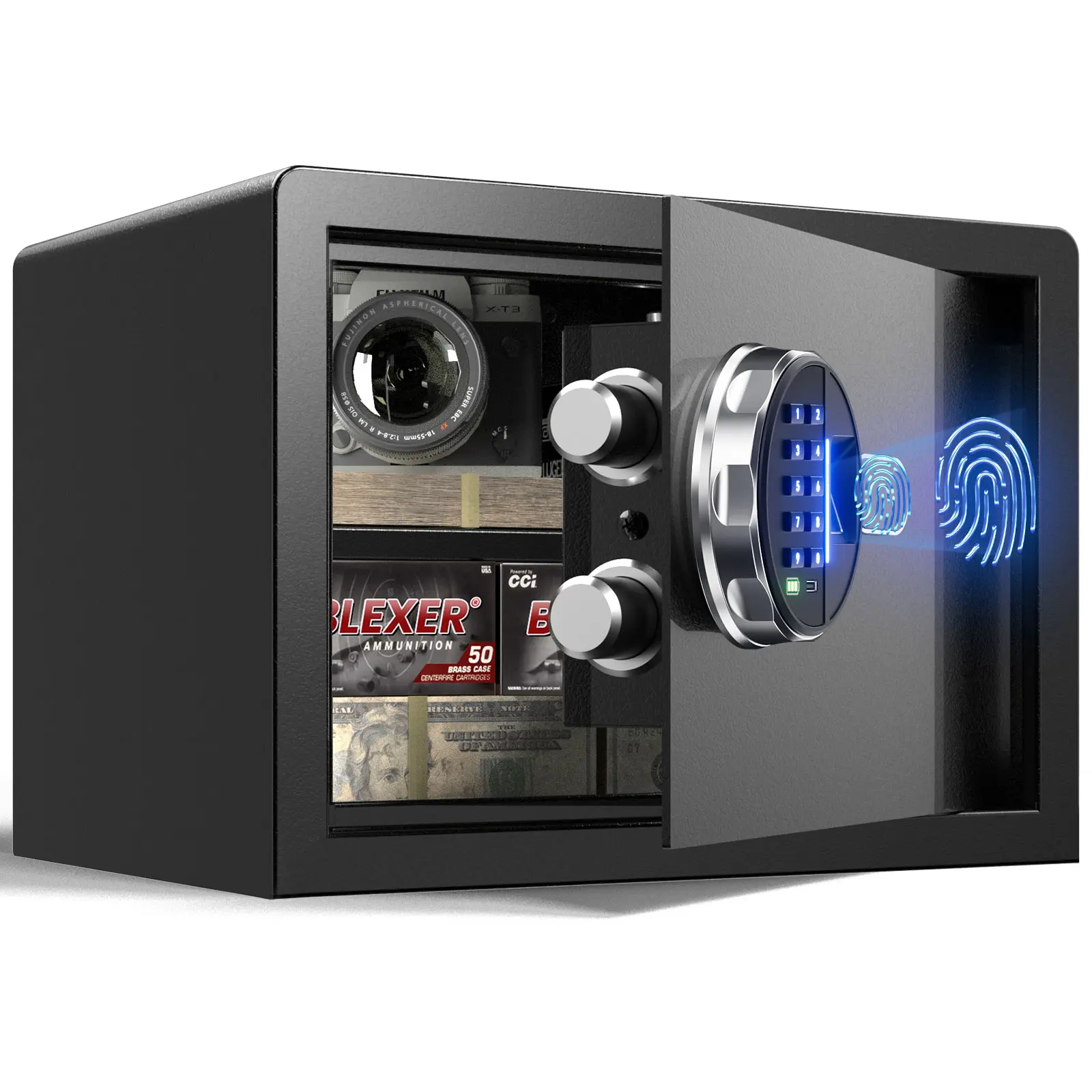 Grimtron Fingerprint Safe - (0.80 cu. ft.) Biometric Safe Box with Silent Mode Small Safe with Backlit Keypad and LED Light, Smart Jewelry Safe, Caja Fuerte with Anti-Rust Closet Safe with Anti-Theft