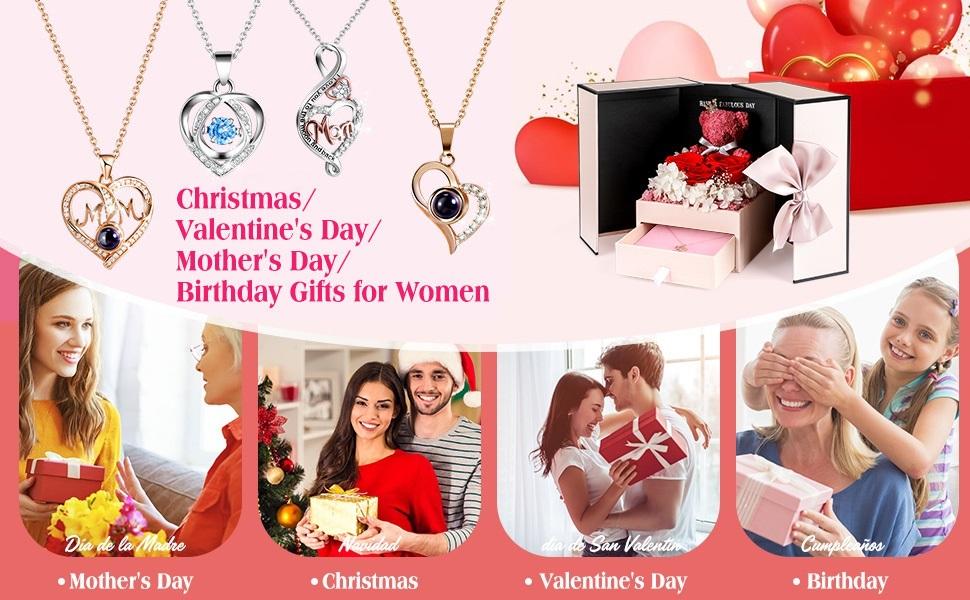 Gifts for Mom from Daughter Son, Preserved Real Red Rose with Cute Bear & I Love You in 100 Languages , Unique Mothers Day, Birthday Gift Box for Mama Mother