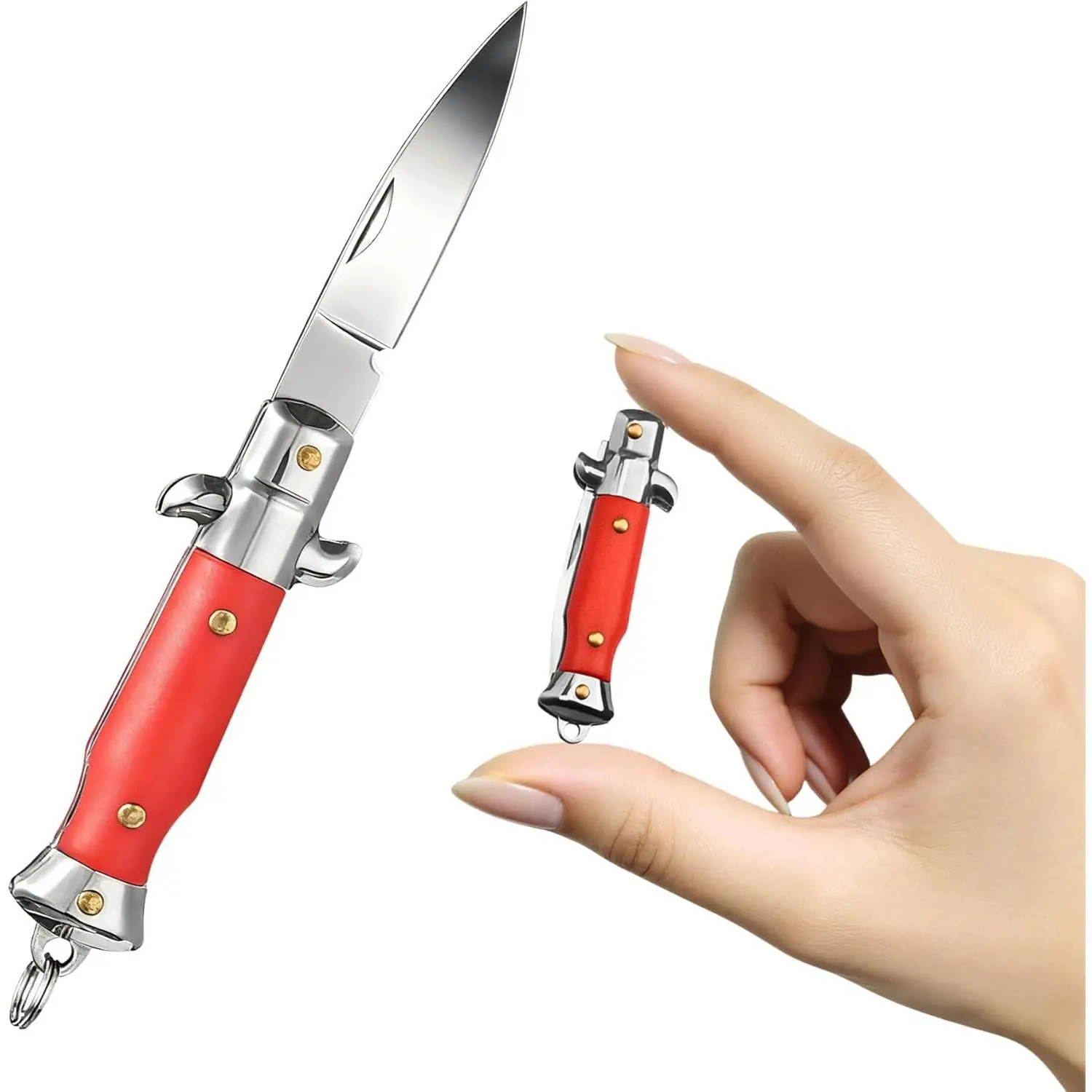 Mini Folding Knife, Small Pocket Knife, Mini Italian Manual Stiletto, Wearable Tiny knives: Necklace, Keychain, Gift for Women Men ﻿ (Red)