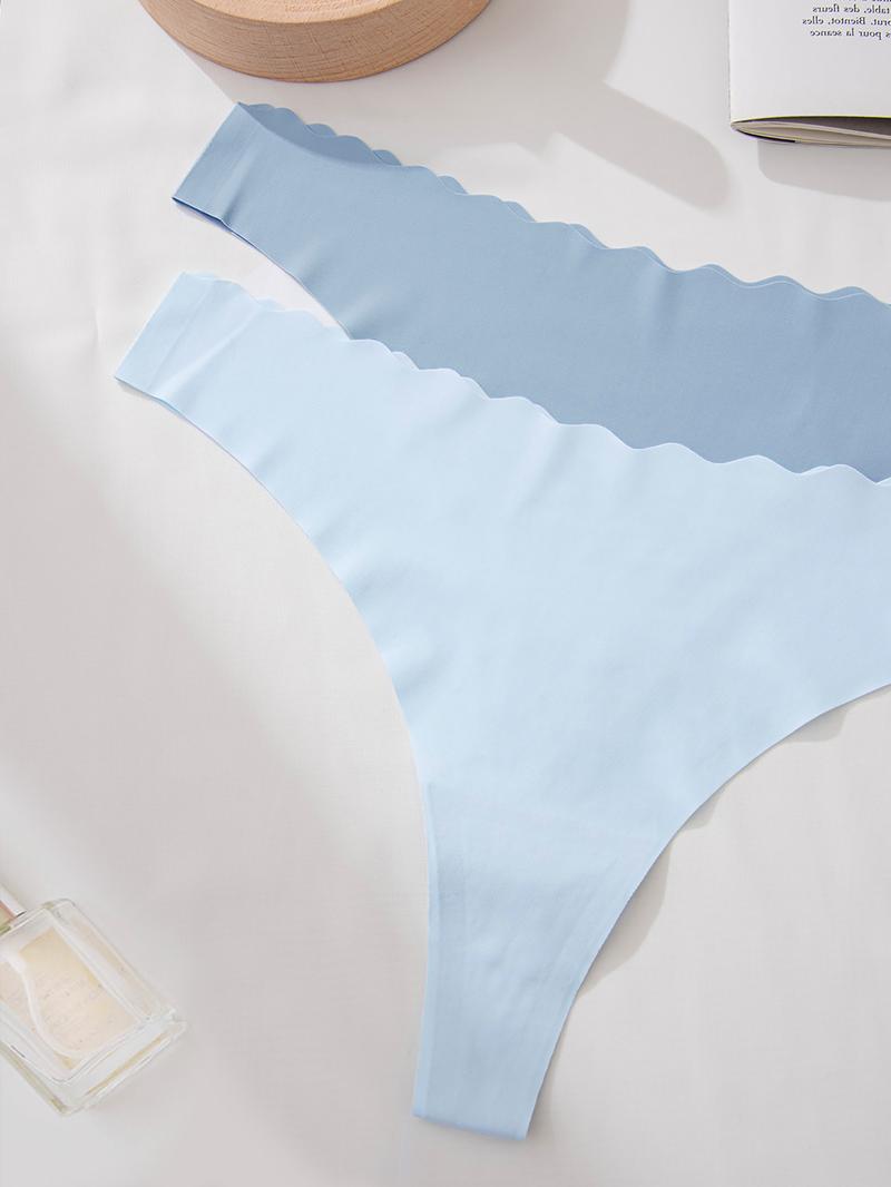 Women's Solid Scallop Trim Thong, Soft Comfy Breathable Seamless Drop Waist Panties for Daily Wear, Ladies Underwear for All Seasons, Panties Collection, Seamless Panties Set