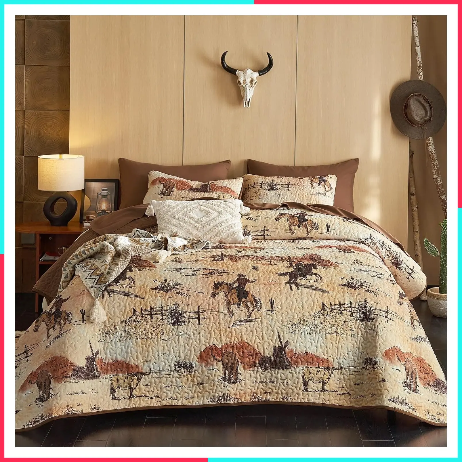 Western Quilt Set Queen/Full, Reversible Lightweight Bedspread Coverlet, Rustic Ranch Cowboy Southwestern Vintage Country Pattern Printed, 3 Pieces, Ochre Brown