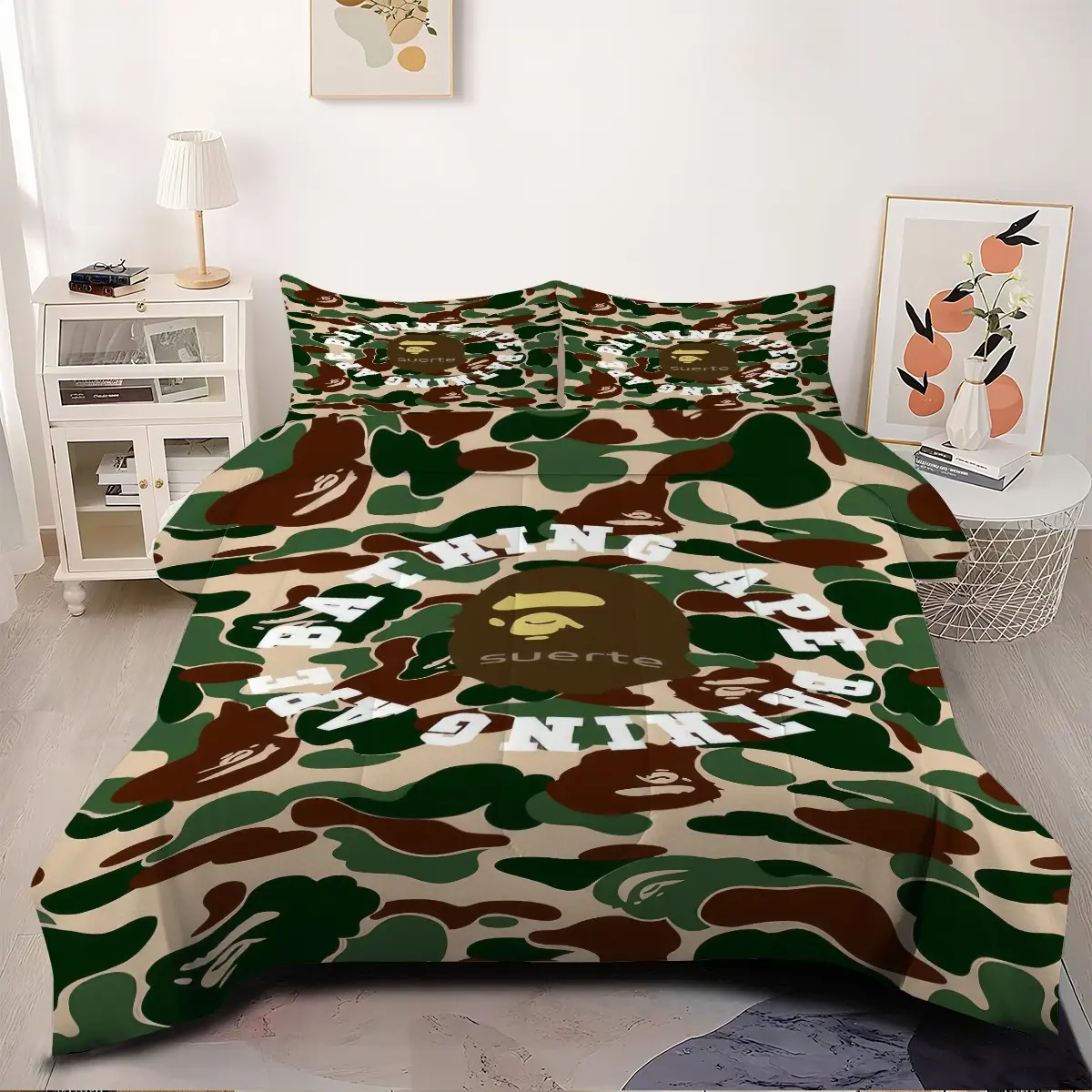 2/3Pcs Retro Green Camo Circular Monkey Head Print Breathable Comforter set, Stylish Urban Street Themed Camouflage Bedding set, Easy-Care Bed in a bag, Pillow Inserts Not Included, For Airbnb, Rental House