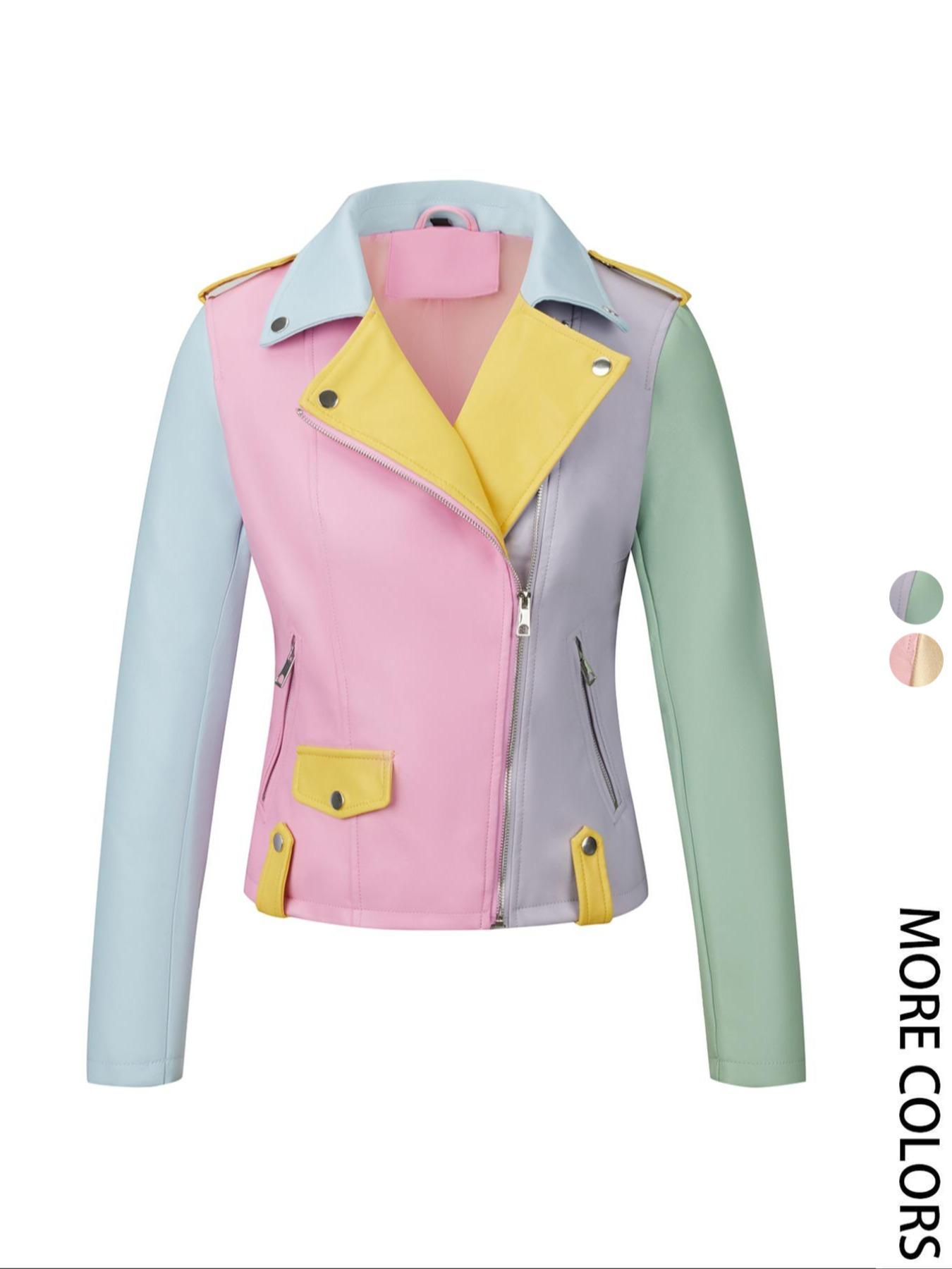Women's Spring Four-Season Motorcycle Jacket, Fashionable Long Sleeve Lapel Zipper Waist Cinched Fitted Patchwork Short Coat with Pockets, Fall Winter Outerwear