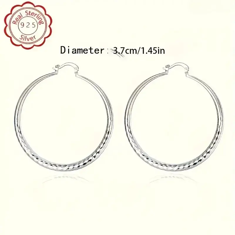 2026 2Pcs 925 Sterling Silver Large Circle Hoop Earrings For Women, Hypoallergenic Comfort Ear Posts, Elegant Silver Tone Jewelry For Daily & Vacation Outfits, Perfect Valentine’s Day Gift