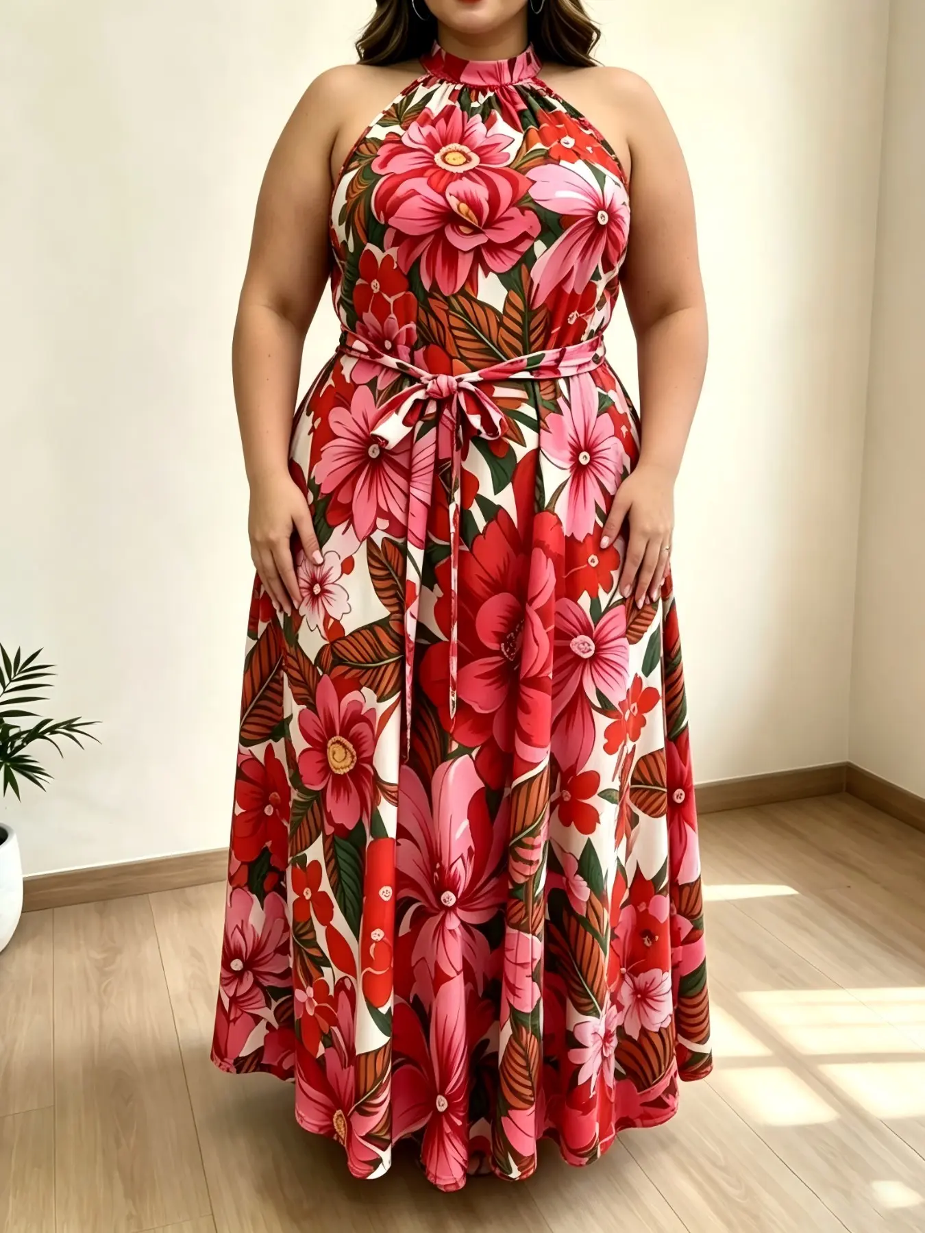 Plus Size Summer Dress, Sleeveless Tie Waist Floral Print Casual Fashion Dress, Comfortable and Stylish, Perfect for Daily Wear