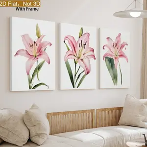 2D Flat, 2D Flat, 2D/Flat 3-piece set, Watercolor Pink Lily Floral Wall Art, Minimalist Nordic Style Plant Decorative Poster, Canvas Print for Living Room, Bedroom, Entryway, Elegant Floral Painting Home Wall Decor Wooden Framed Canvas Painting