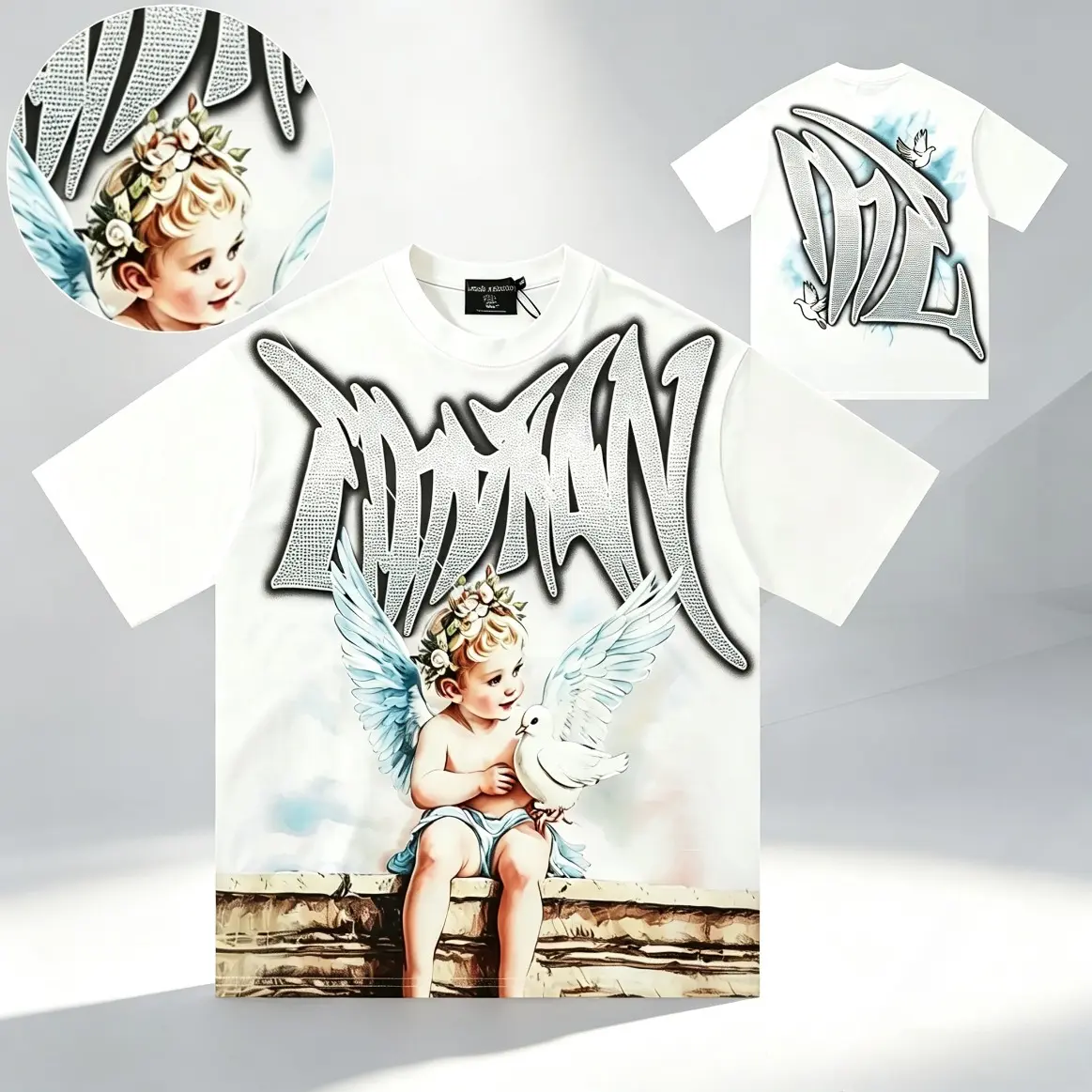 EMO TION Rhinestone Angel Baby Graphic T-Shirt For Men Women, Oversized Cotton Tee Streetwear Hip Hop Y2K Vintage Retro Loose Fit Short Sleeve Crew Neck Top, Summer Casual Aesthetic Outfit TikTok Viral Independence Day 4th Of July Pride Style