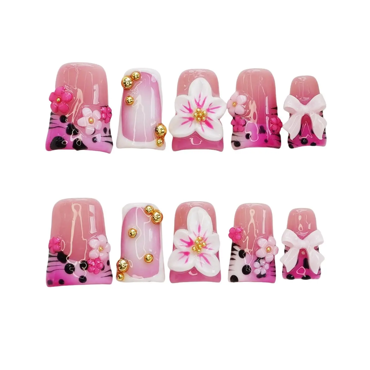 Luxury Press on Nails Short Duck Handmade 3D Unique Reusable ABS Material Fake Nails Pink French Tip False Nails with Designs Bow Flower Cow Print Glossy Glue on Nail Thick Acrylic Nail(M)