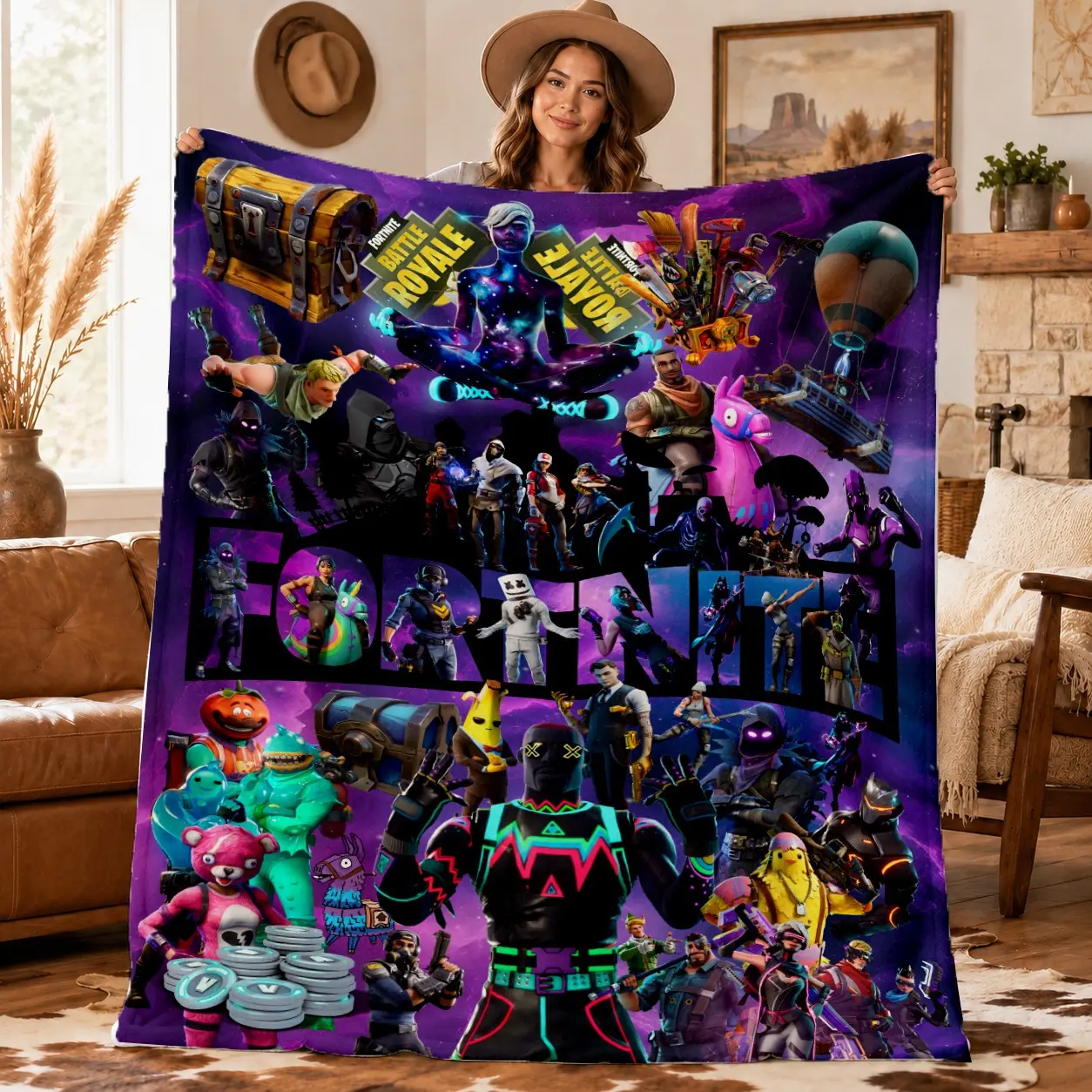 Fortnite Battle Royale Character Collage Throw Blanket, Galaxy Background, Flannel Blanket for Gamers, Video Game Decor Gift