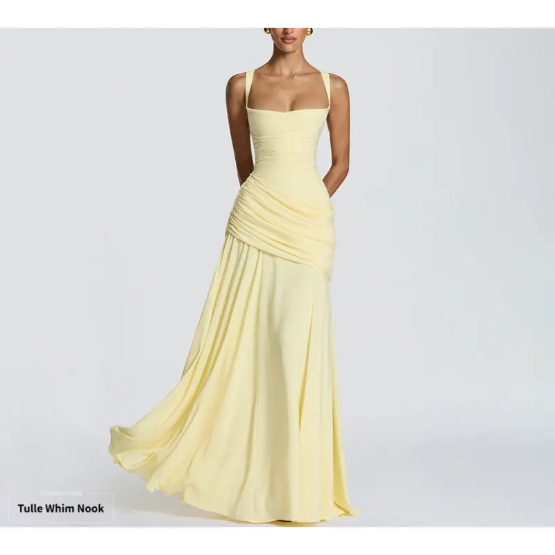 Women's elegant solid color sleeveless waist-cinching large hem strap dress