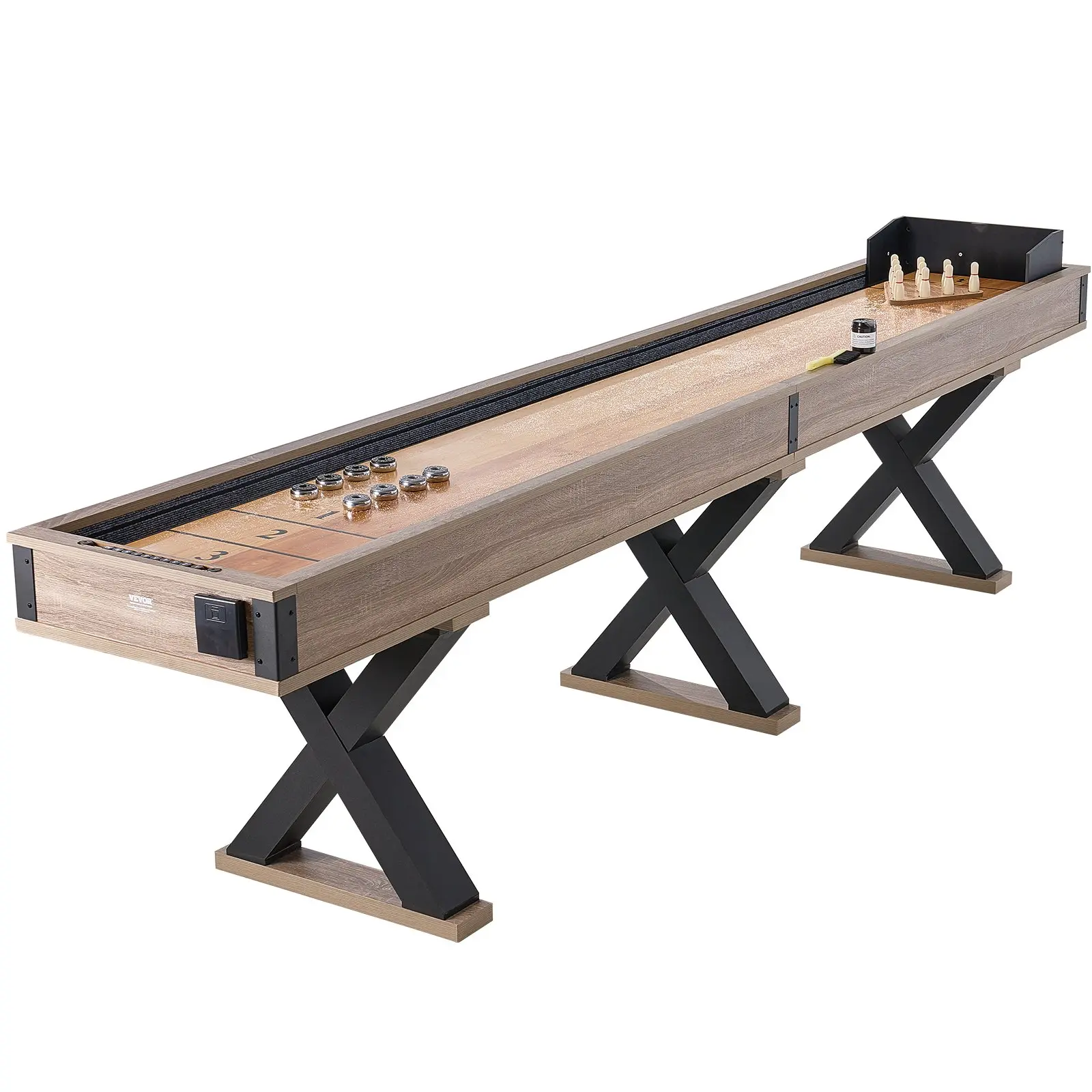 VEVOR 11.5 ft 2-in-1 Shuffleboard & Bowling Combo Game Table, Classic Pre-Built Game Room Furniture with MDF Scratch-Resistant Playfield, Metal Pucks, Bowling Set, Wax, Table Brush, Legs