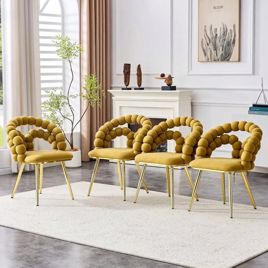 Set Of 4 Puffy Bubble Chair Ball Chair Velvet Dining Chairs With Gold Legs, Modern Upholstered Accent Chairs Dining Room &