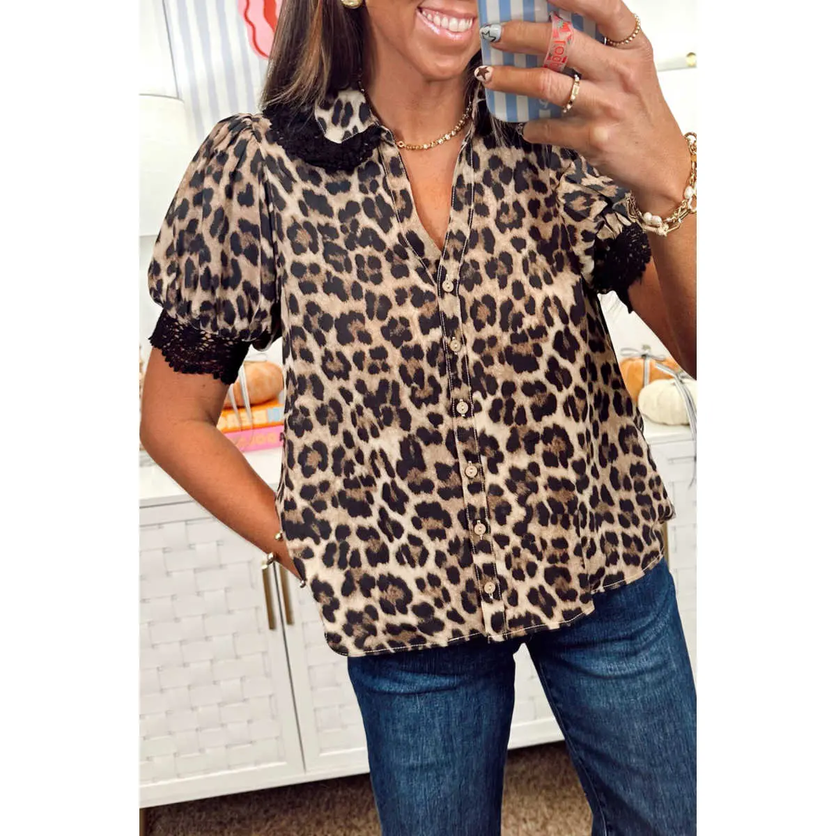 Brown Leopard Print Button Down Lace Trim Short Sleeve Shirt for Women, Lightweight Casual Short Sleeve Button Down with Feminine Lace Trim, Shortsleeve, Collared, Everyday, Top