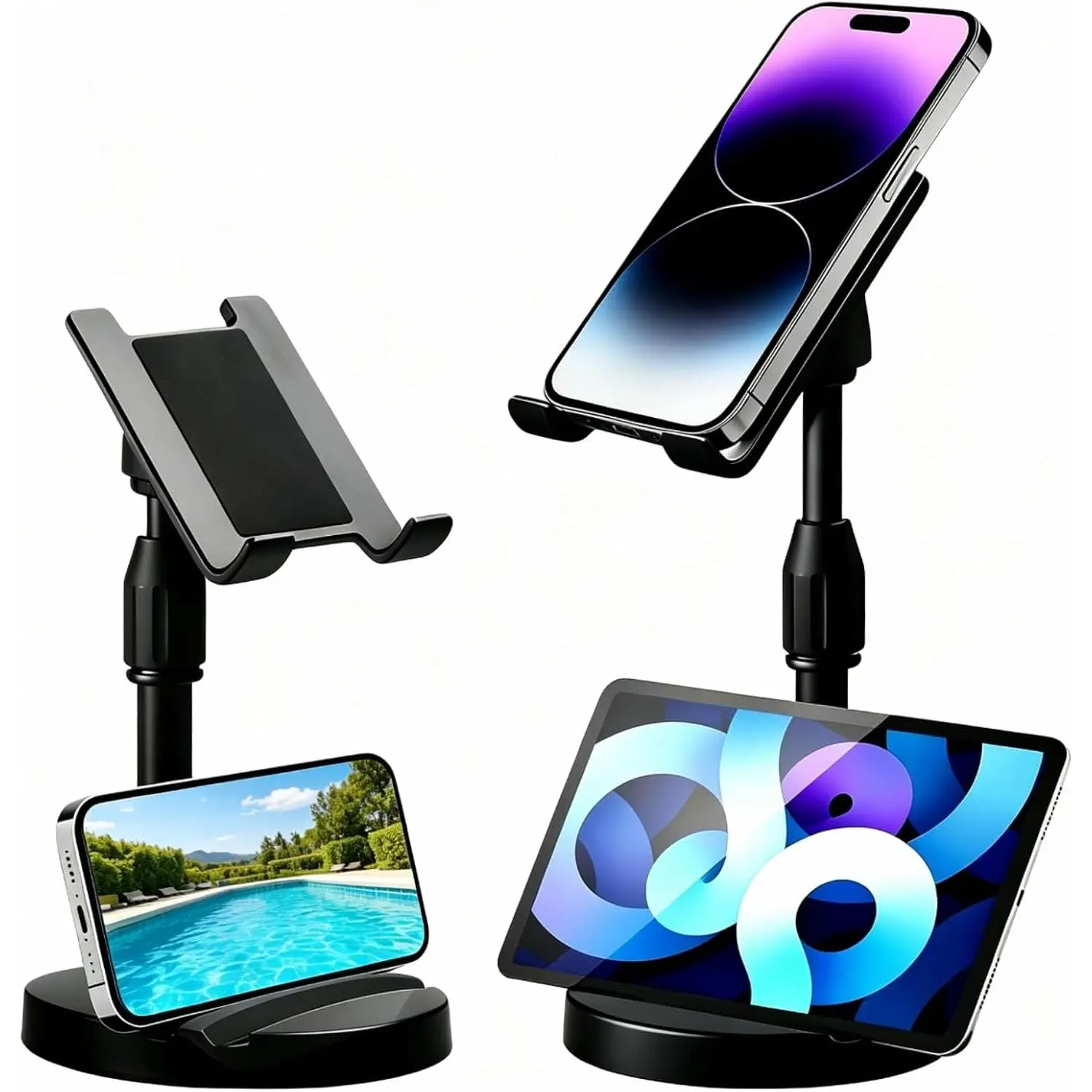 Adjustable Height Phone and Tablet Stand,  Device Holder with 360° Rotation, Sturdy Non-Sturdy Non-Slip Base with Card Slot for Livestream, Watching Videos, Work, Gaming
