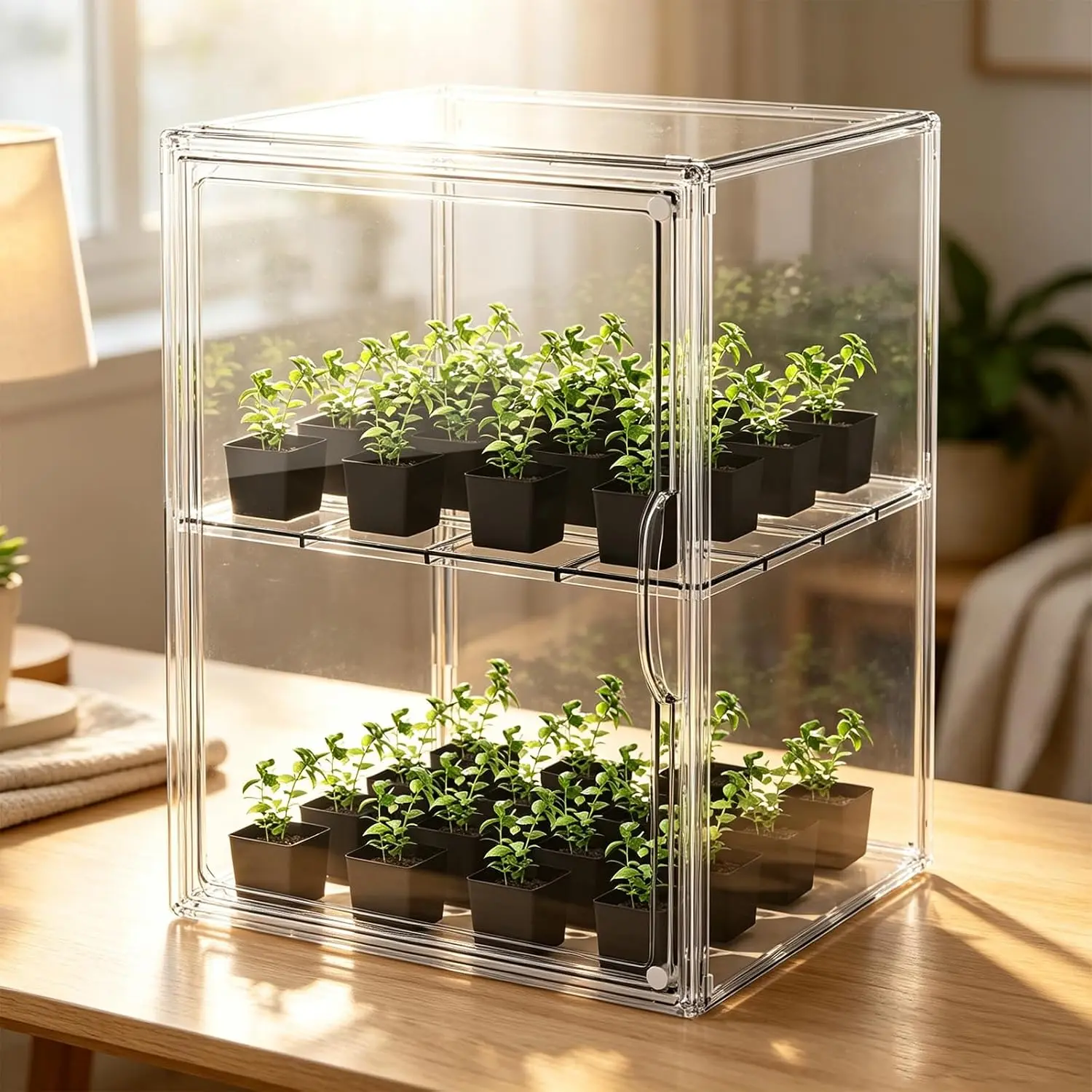 Clear  Display Case, Super Large Stackable Storage Bins,  Box with Compartment Divider Clear Mini Greenhouse for Indoor, Small Green House with Magenetic Door