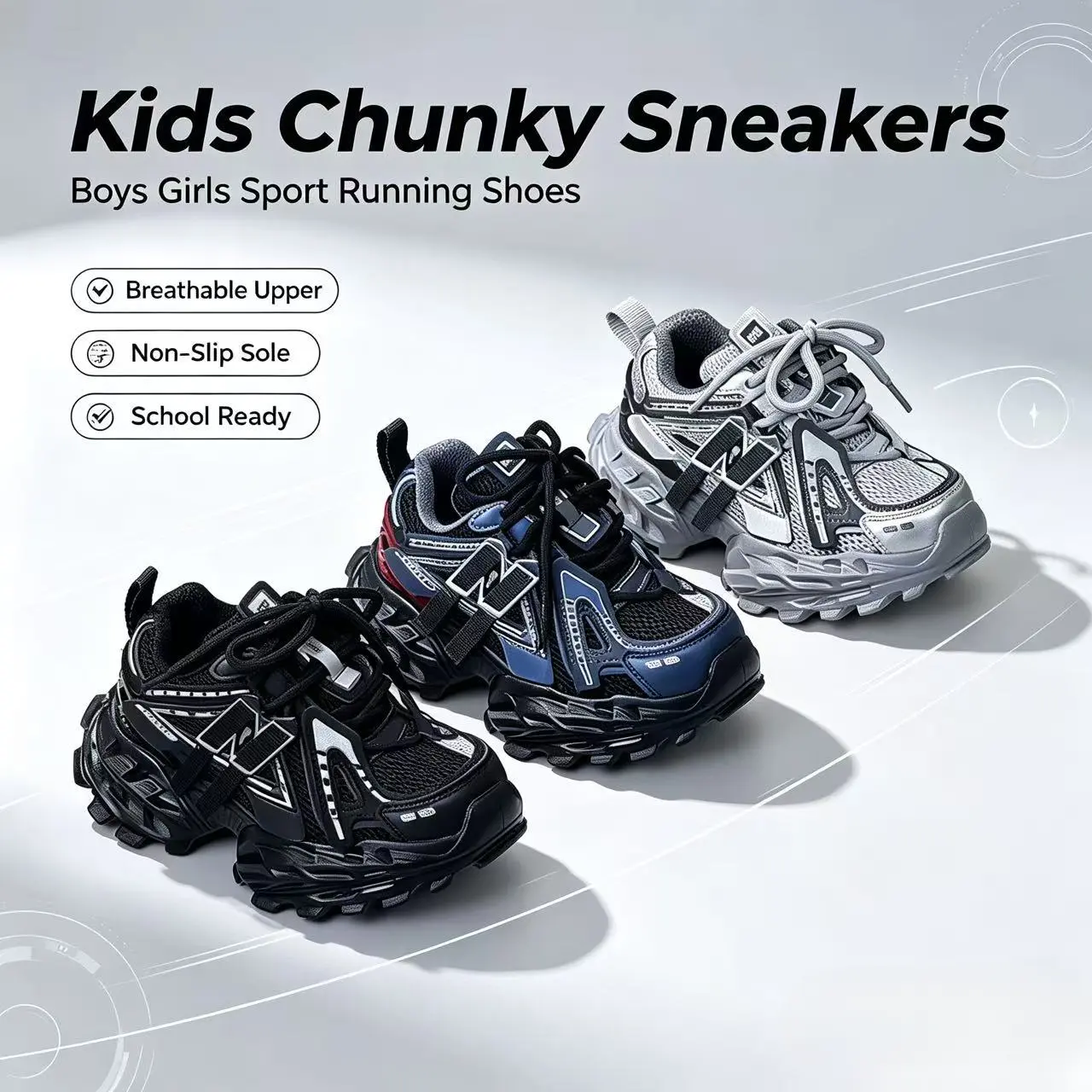 Girls' 2026 Trendy MD Dad Sneakers, CPSIA Safe, Mesh & PU Breathable Upper, Velcro Closure, Dual Laces, Thick Anti-Slip Soft Sole, Solid-Letter Casual Trainers