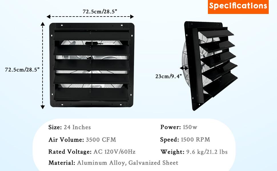 24" Wall-Mounted Shutter Exhaust Fan, 3500 CFM High-Speed Ventilation, 1500 RPM Low-Noise, Aluminum Blades & Automatic Shutter for Attic, Garage, Greenhouse, Workshop & Louvered Vent Applications 24" Wall-Mounted Shutter Exhaust Fan, 3500 CFM High-Speed Ventilation, 1500 RPM Low-Noise, Aluminum Blades & Automatic Shutter for Attic, Garage, Greenhouse, Workshop & Louvered Vent Applications