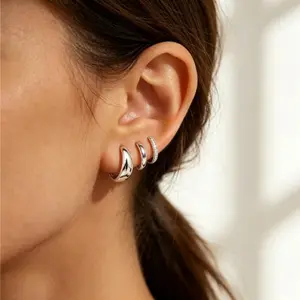 3 Pairs 925 Silver Post Silver Tone Curved Huggie Hoops, Glossy Smooth & Paved CZ Mini Hoops, Layered Stackable Piercing Accessories
