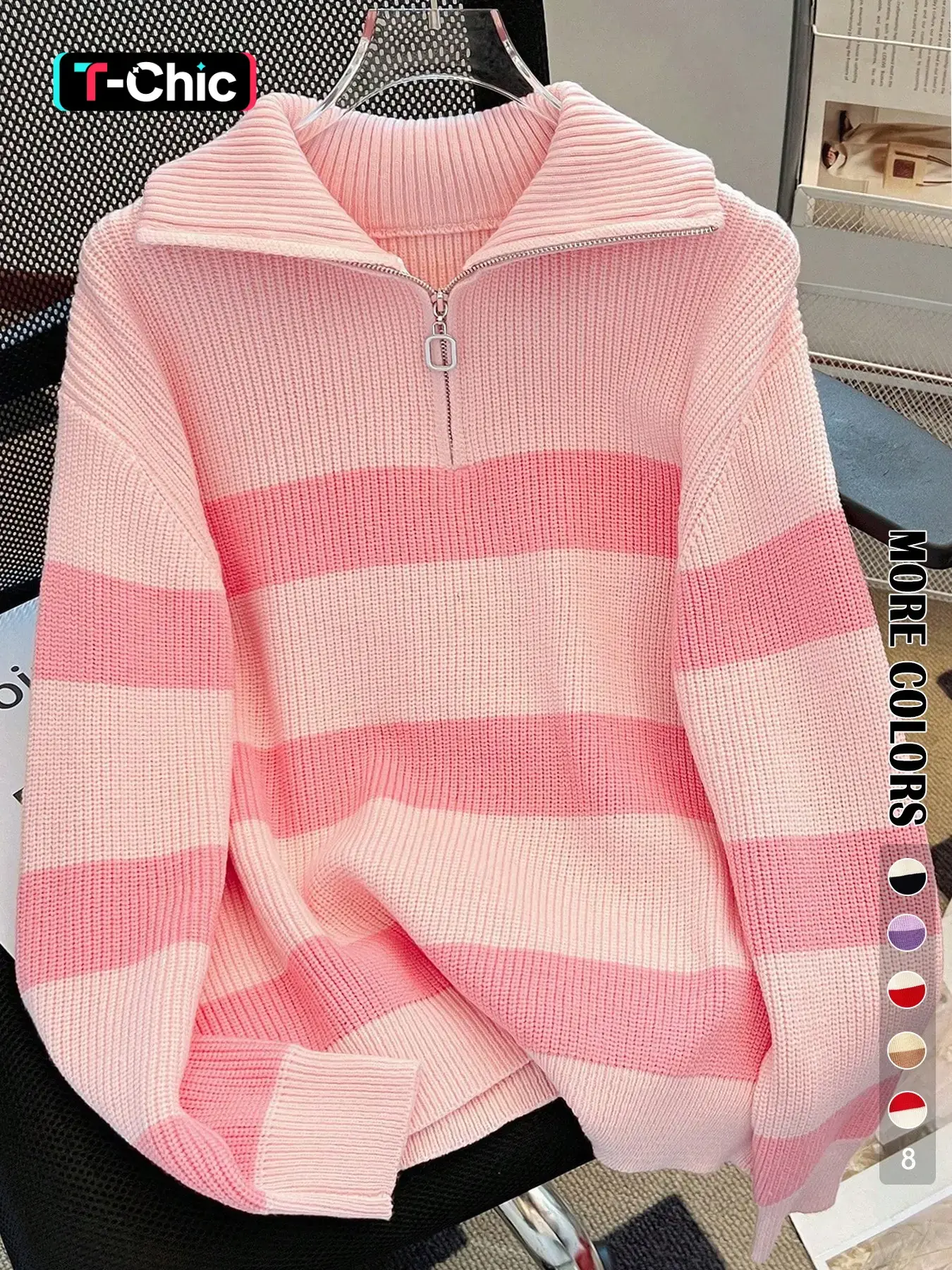 Women's Striped Print Zip Up Sweater Pullover, Casual Long Sleeve Jumper for Fall & Winter, Fashion Ladies' Knitwear for Daily Wear, Preppy Sweatshirts, Womenswear
