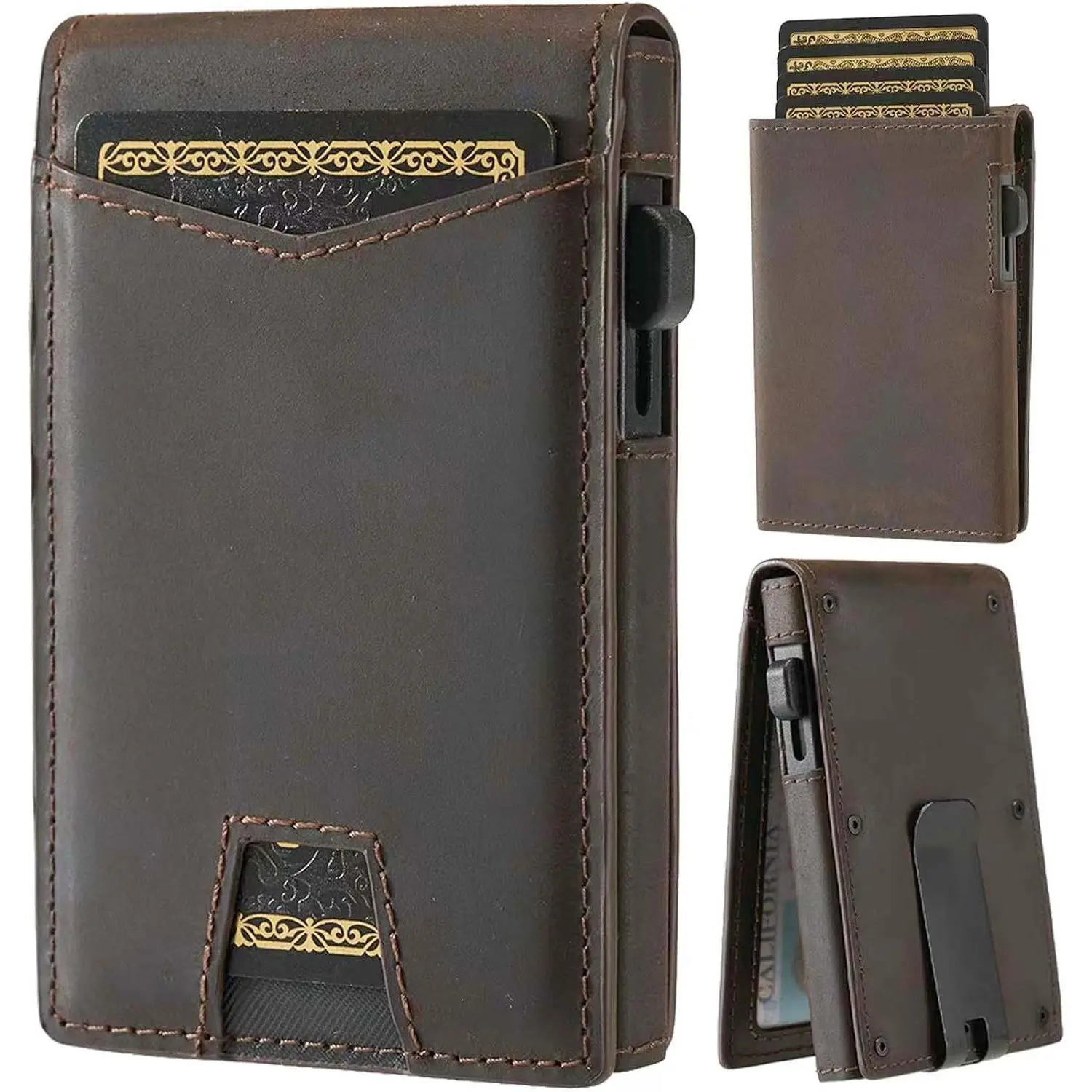 Wallet for Men,Slim Minimalist  Wallet for Men With  Clip  Card Holder RFID Blocking Metal  Pop Up Card Wallet with ID Window