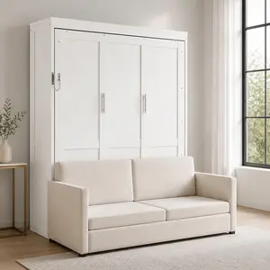 Queen Size Murphy Bed Wall Bed with Cushion White MDF LVL Fold Down Bed Space Saving Sofa Bed Combo for Small Apartment Guest Room Easy Pull Down Mechanism 66.8L x 87W x 87.8H