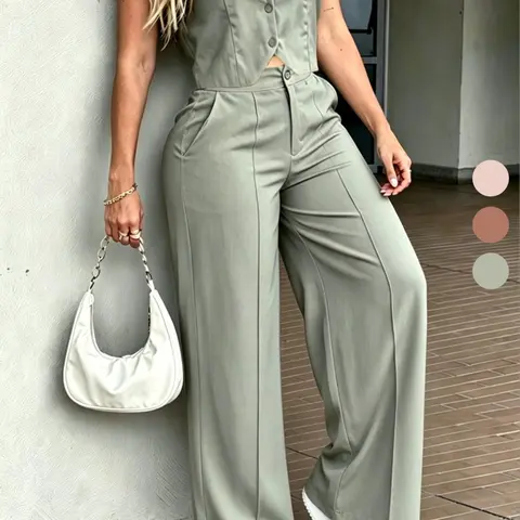Women's New Spring Summer Sleeveless Waistcoat & Wide Leg Pants Two-Piece Outfit Set, Suits Commuter Casual Everyday Fashionable Comfortable Matching Outfit, Clothing Sets