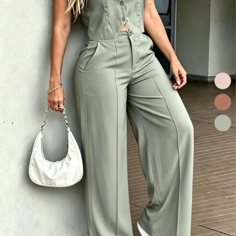 Women's New Spring Summer Sleeveless Waistcoat & Wide Leg Pants Two-Piece Outfit Set, Suits Commuter Casual Everyday Fashionable Comfortable Matching Outfit, Clothing Sets
