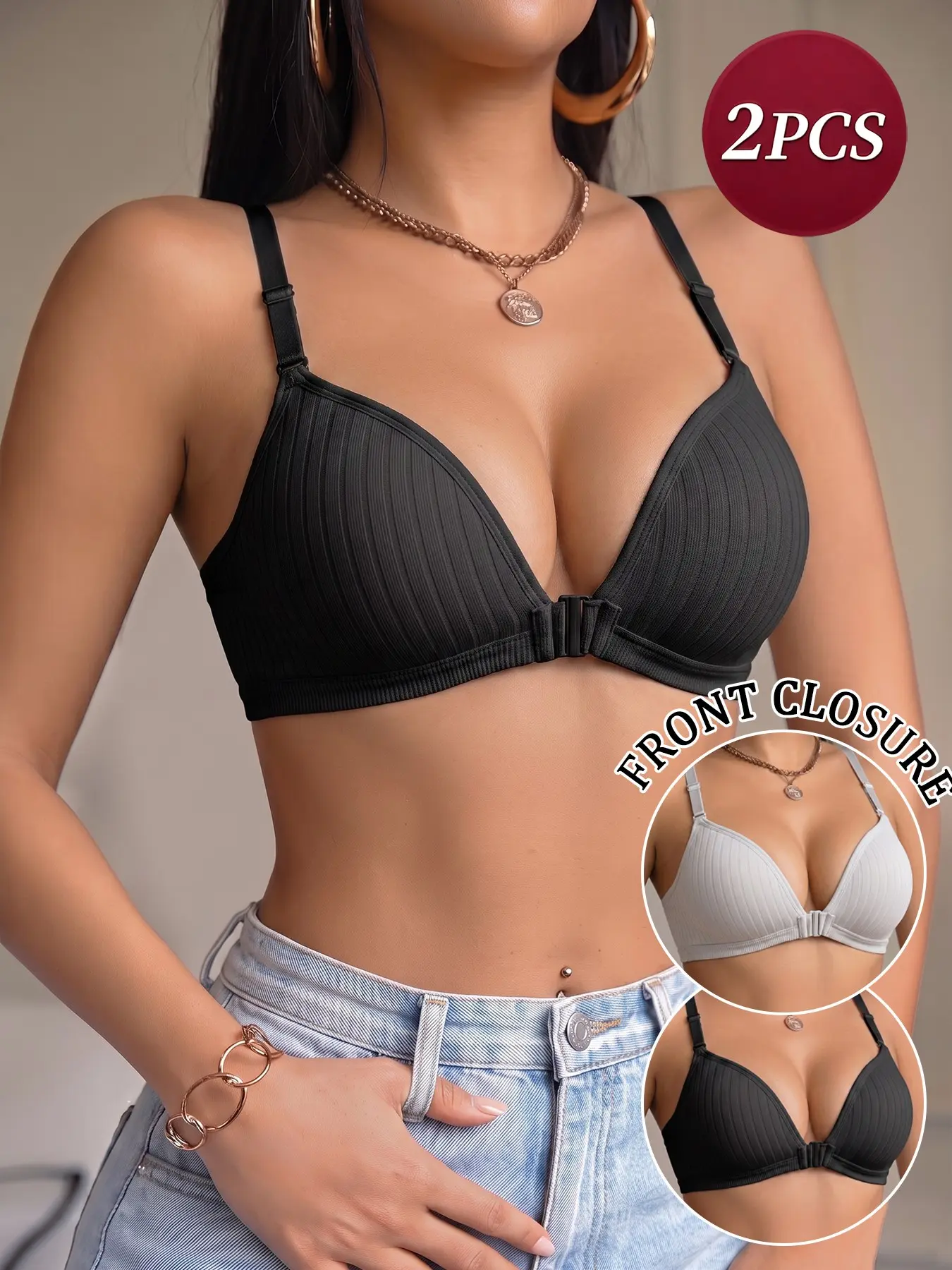 Front Buckle Lace Push-Up Bra, Wireless Underwire Free Breast Enhancer, Simple Versatile Breathable Back Shaping Elegant Fitted Top