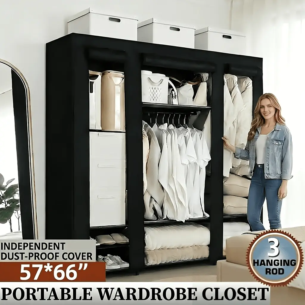 LDQ 57" Heavy-Duty Metal Frame Portable Wardrobe Closet, 3 Hanging Rods & 7 Shelves Clothes Storage, Easy Assembly Required, Black & Grey Wardrobe for Bedroom, Apartment