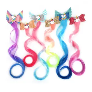 6-Colors Unicorn Hair Bows Clips Hair Accessories For Girls Kids Glitter Braided Curly Gradient Color Wig Hair Extensions (6PCS)
