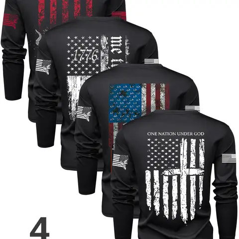 Men's Flag Series Prints Crew Neck Long Sleeve Classic T-Shirt Set, Round Neck Casual Fashion Fitted Outdoor Pullover for Spring & Fall, Fitted Moderate Fabric, 4-Piece Pack Casual Stylish Tee