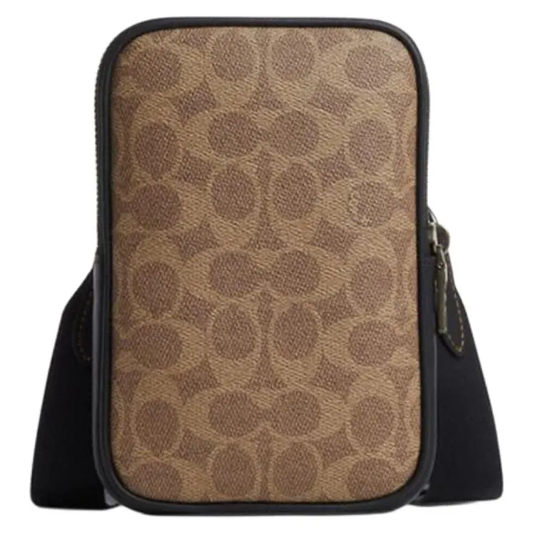 COACH Stanton 12 Classic Monogram Zip-Top PVC-and-Leather Crossbody Bag for Men, Mini Style, Dark Khaki