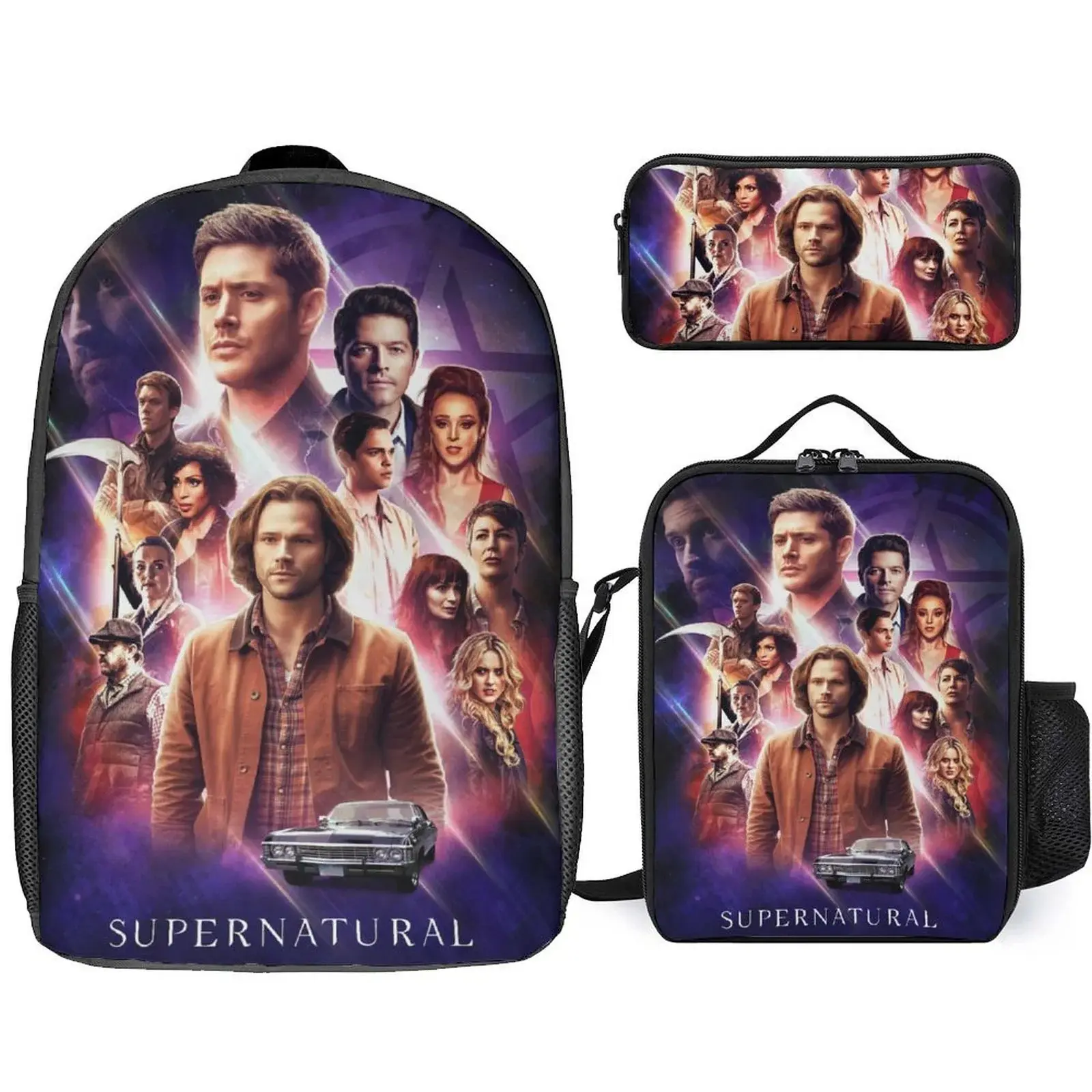 Supernatural 3Pcs Game Backpack Set, 17Inch Daypack with Lunch Box And Pencil Case, Casual Large Capacity College Laptop Bag Travel Gifts