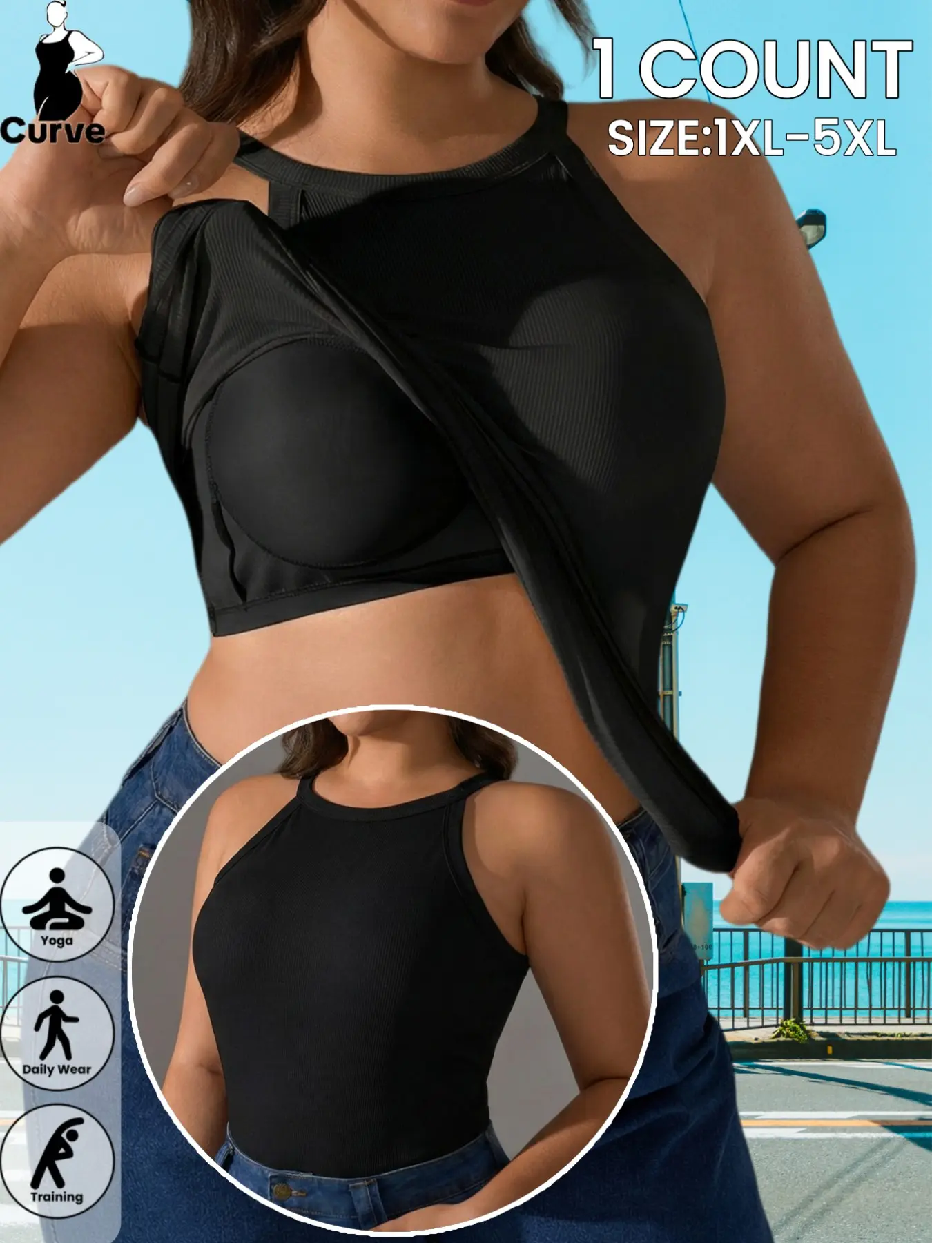 2/3-piece plus-size women's ribbed vest corset tanks + underbust tank tops + underwire + halter neck design + strapless/semi-sleeveless + slimming style + no-bra design + meaty-free and no slip + daily/summer/commuting + Elegant