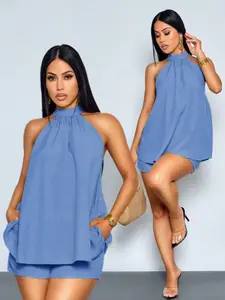 Elegant Beach Vacation Two-Piece Set for Women, Mint Halter Top with Asymmetrical Hem and Matching Shorts, Perfect for Dates and Parties