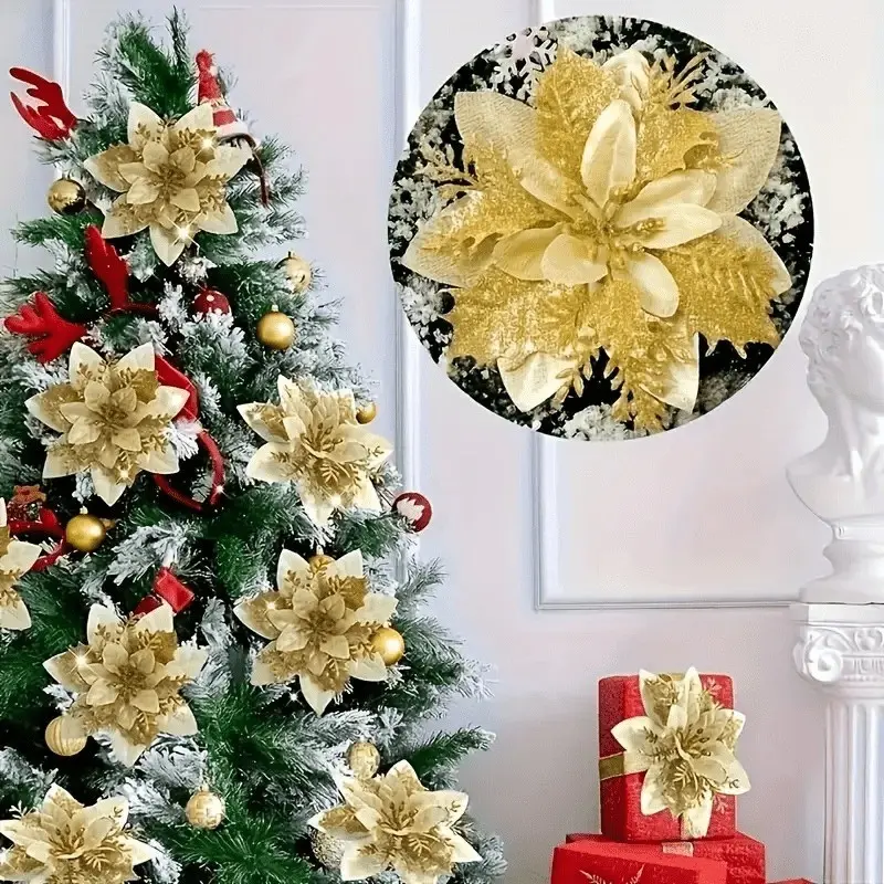 50pcs Christmas Tree Decorations, Golden Shimmering Glitter Yard Christmas Potted Decorations Flowers - Elegant Festive Party Decor for Christmas Tree, Wreath, Wedding, Valentine'S Day, Mother'S/Father'S Day, Graduation