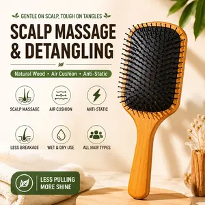 Hair Brush for Women & Men, Natural Wooden Paddle Brush with Air Cushion Technology, Scalp Massage, Anti-Static Detangling, Frizz Control & Smooth Hair Styling for All Hair Types